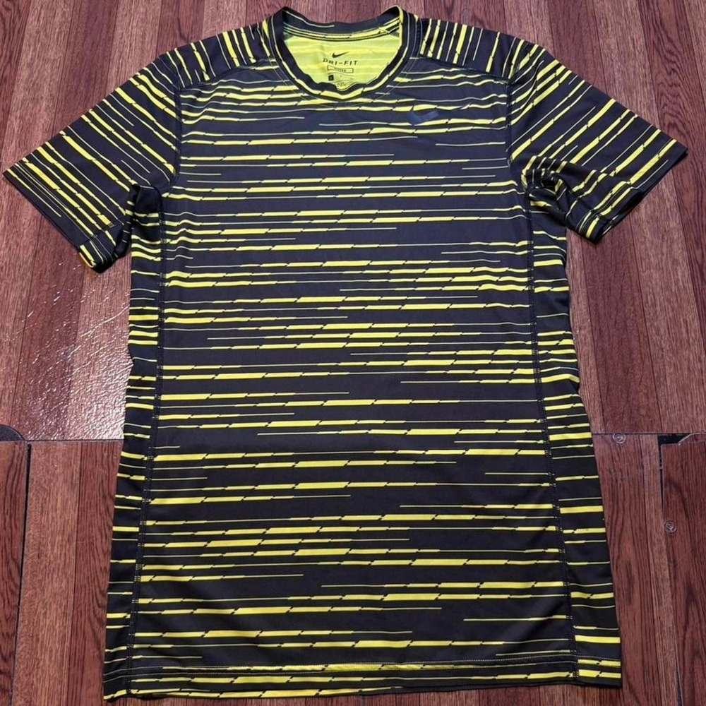 Nike Yellow Black Striped Dri-Fit Fitted Sportswear Running Shirt Small‎